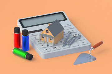 Calculator near building and tools on orange background. Construction cost. Repair estimate. Restoration price. Real estate recovery budget. Purchase, sale of construction tools. 3d render