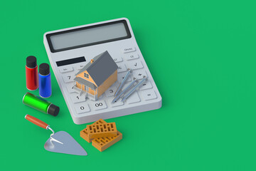 Calculator near building and tools. Construction cost. Repair estimate. Restoration price. Real estate recovery budget. Purchase, sale of construction tools. Copy space. 3d render