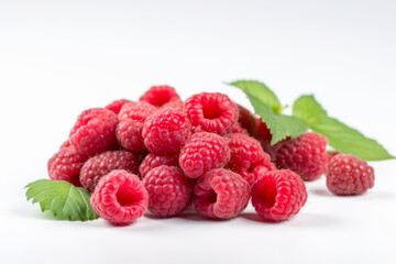 a bunch of red and ripe raspberries on a pure white background