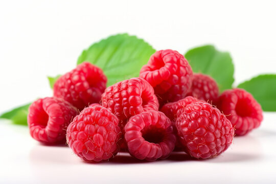 a bunch of red and ripe raspberries on a pure white background