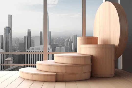Podium display of wooden products with a magnificent building in the background,ai generative