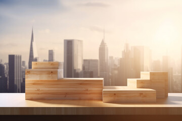 Podium display of wooden products with a magnificent building in the background,ai generative