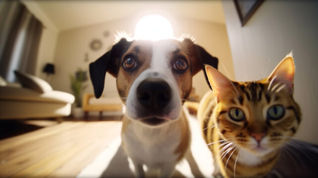 Cute dog and cat looking into camera at eye level. Generative AI
