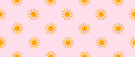 Trendy Cute Seamless Vector Pattern with Yellow Suns on a Pastel Pink Background. Simple Infantile Style Abstract Doodles Repeatable Design with Rainbow Colors Suns ideal for Fabric. Rgb Colors.