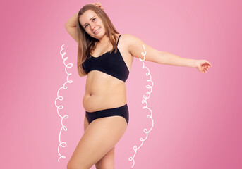 White outlines with arrows around fat body of young woman.