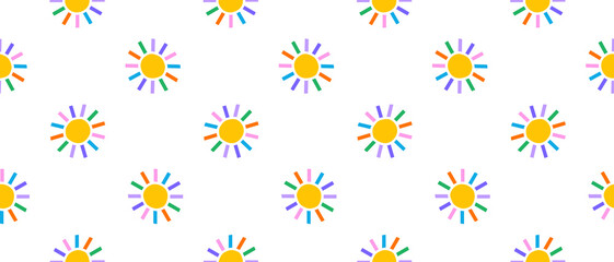 Trendy Cute Seamless Vector Pattern with Colorful Suns on a White Background. Simple Infantile Style Abstract Doodles Repeatable Design with Rainbow Colors Suns ideal for Fabric. Rgb Vivid Colors.