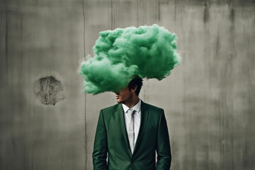 a cloud near the head of a man in a green business suit. art, minimalism, dark sky. surreal art. AI generative