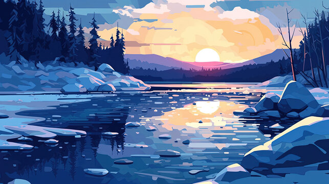 Winter good morning image forest background. Winter scene of a sunset reflecting off calm lake, snow covered rocks, coniferous forest, winter cartoon image