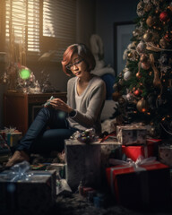 Fototapeta na wymiar AI generated portrait of Asian middle aged woman decorates Christmas tree