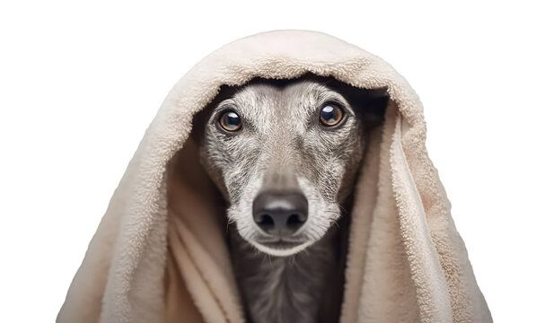 Wet Dog After Shower. Weimaraner Brown In A Towel On Transparent Background, Png. Pet Wash, Grooming	