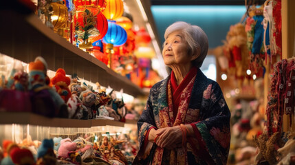 Fototapeta na wymiar AI generated portrait of Asian old lady shopping in mall decorated for Christmas