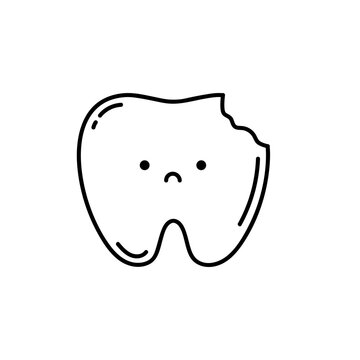 Sad tooth with caries. Childish cute tooth character for dentistry. Vector illustration in doodle style