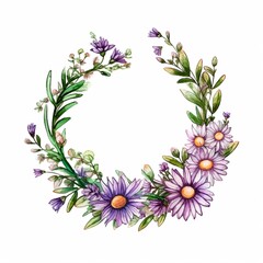 Floral wreath isolated. Wreath of purple flowers, green leaves and herbs. Floral wreath logo, print, postcard, sticker, background.