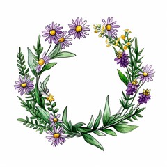 Floral wreath isolated. Wreath of purple flowers, green leaves and herbs. Floral wreath logo, print, postcard, sticker, background.