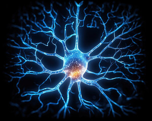 close up a blue neuron, isolated - black background, macro, narrow field of focus  