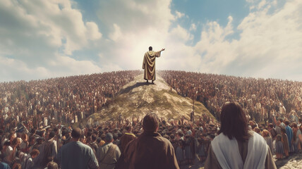 Jesus or evangelist preaching to a multitude of people. Generative AI.
