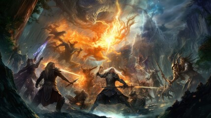 Fototapeta premium Epic fantasy battle between different races and factions, featuring warriors, mages, and mythical creatures locked in a clash of swords and magic