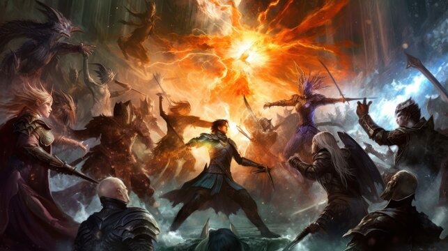 Epic fantasy battle between different races and factions, featuring warriors, mages, and mythical creatures locked in a clash of swords and magic
