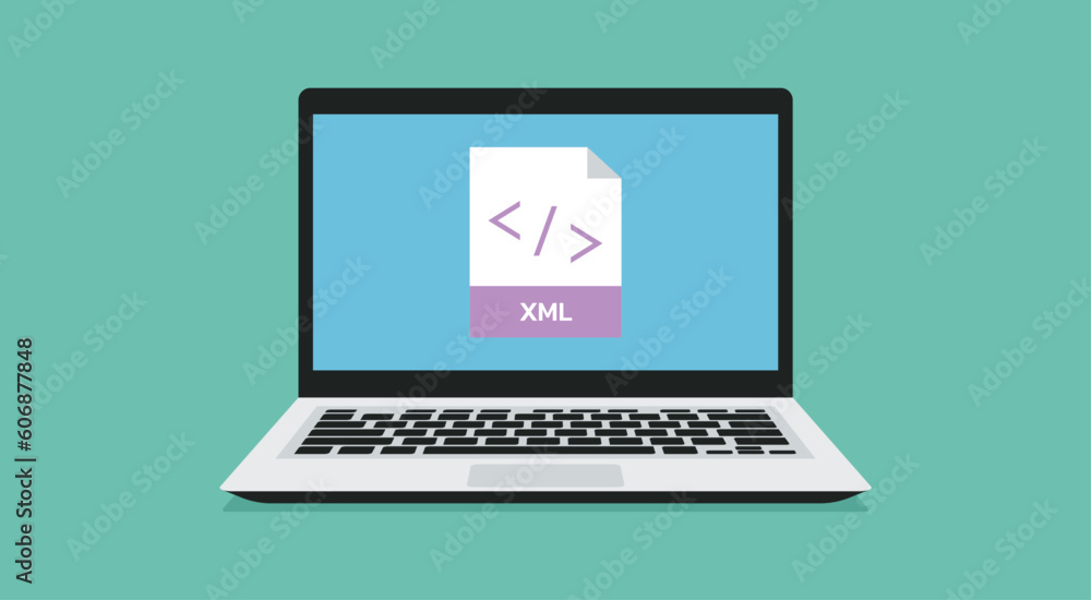 Poster file format icon with xml label on laptop screen, vector flat illustration