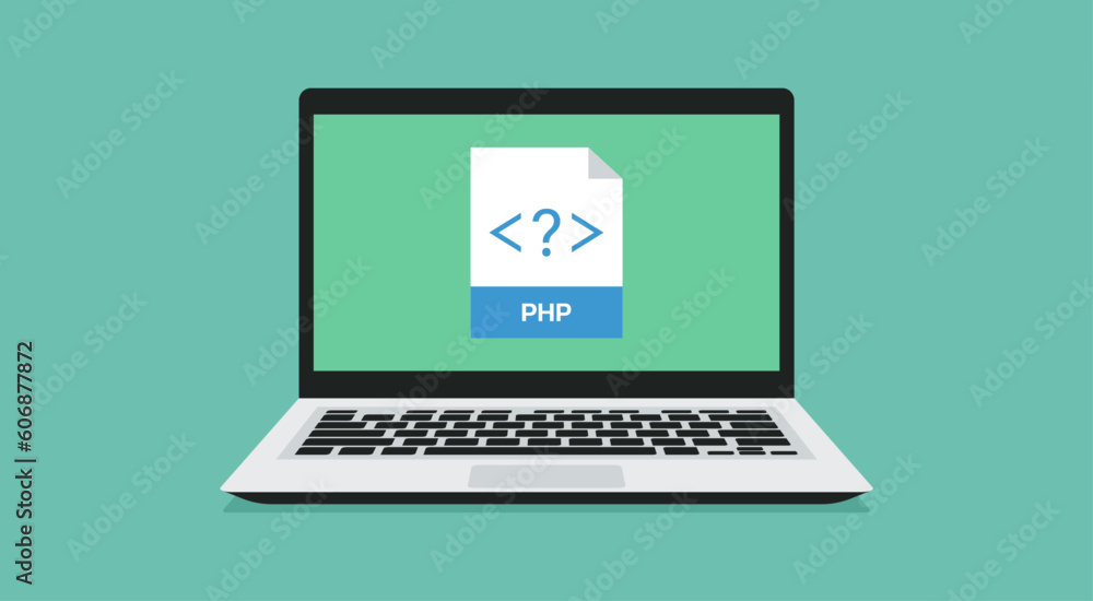 Poster file format icon with php label on laptop screen, vector flat illustration