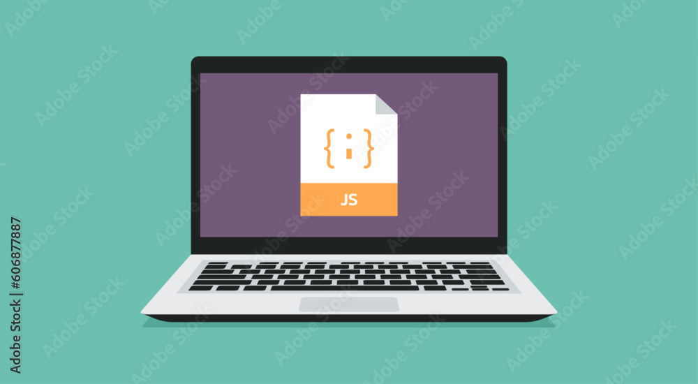 Poster file format icon with js label on laptop screen, vector flat illustration