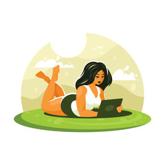 A young woman is sitting on the grass with a laptop. Vector illustration in cartoon style.