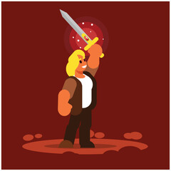 Cartoon man with a sword in his hand. Vector illustration.