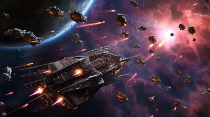 Epic space battle between starships, with laser beams, explosions, and futuristic weaponry lighting up the cosmic void