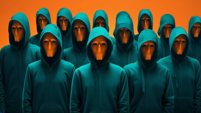 Group of anonymous hacker wearing a orange mask and a hoody, data thief, concept of cybersecurity, phishing, data theft, cybercrime, generative ai