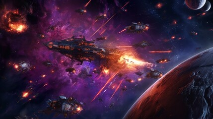 Obraz na płótnie Canvas Epic space battle between starships, with laser beams, explosions, and futuristic weaponry lighting up the cosmic void