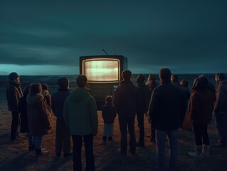 A crowd of people are looking at a huge old TV in the sky that is glowing. AI generative. - obrazy, fototapety, plakaty