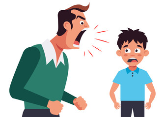 the father yells at the child. angry man and frightened man. flat vector illustration.