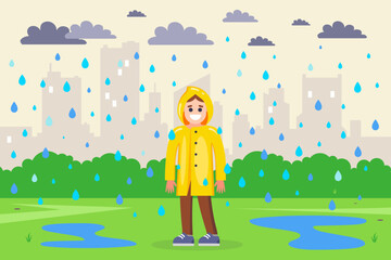 Obraz na płótnie Canvas a man in a yellow raincoat on the street in the rain. flat vector illustration.