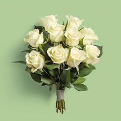 White roses on a mint green background with leaves and central position Generative AI