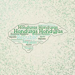 Honduras shape whith country names word cloud in multiple languages. Honduras border map on trendy triangles scattered around. Astonishing vector illustration.