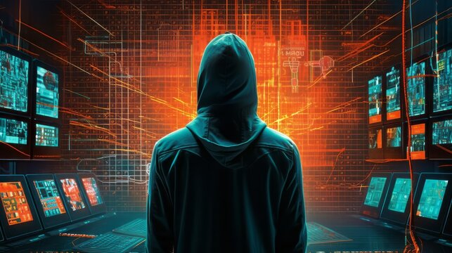 Anonymous hacker standing in the middle of a server room showcasing the vulnerability of a network, data thief, concept of cybersecurity, phishing, cybercrime, generative ai