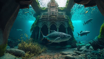 Küchenrückwand glas motiv atlantis underwater scene, magic blue ocean with ancient temple ruins, deep blue sea with mysterious lights, generative ai  © CROCOTHERY