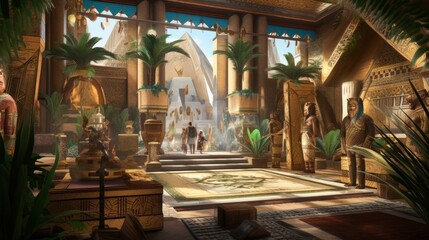 Scene inspired by ancient Egyptian mythology, featuring gods, pharaohs, pyramids, and mystical artifacts, immersing players in the rich lore of ancient Egypt - obrazy, fototapety, plakaty