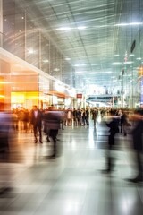 Blurred business people rush through trade fair or airport hall. (Generative AI) - 606881647