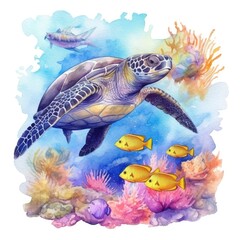 The underwater sea world has colorful tropical fish and turtles. (Watercolor style, Generative AI)