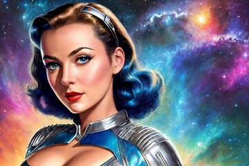 Portrait of a beautiful woman in a polished aluminum suit as an astronaut, space explorer in the retro futurism style of the 50s. Generative AI.