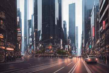 Fototapeta premium Modern city streets at night, skyscrapers and street lights, traffic and people. Generative AI.