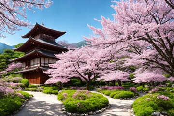 Sakura blossoms in japanese style ornamental garden, beautiful landscape. Generative AI.