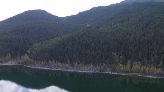 Aerial drone footage of Ulken Shabakty - Lake Great Chebachye Lake in Natonal park Burabay Borovoe , Kazakhstan
