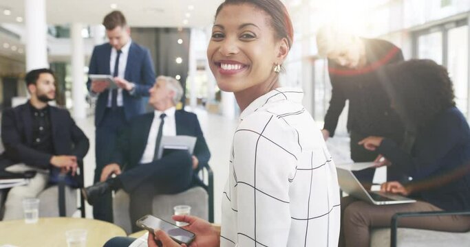 Meeting, smile and face of business woman with smile in discussion, planning and conversation in office. Corporate, teamwork and portrait of African female worker with pride, confidence and laughing