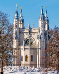 Gothic chapel in Alexandria park in winter, Saint Petersburg, Russia