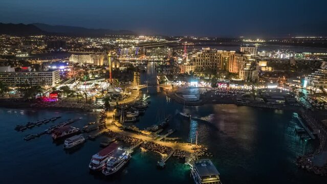 Eilat hotel and shopping zone time lapse hyperlapse, aerial drone view, Israel