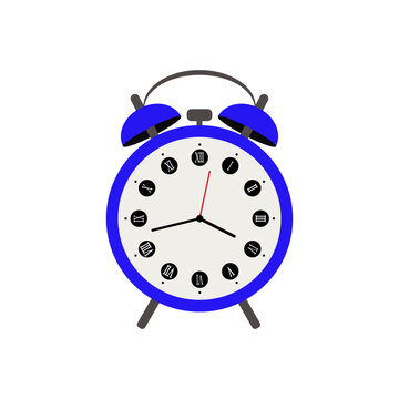 The alarm clock is blue on a white background.