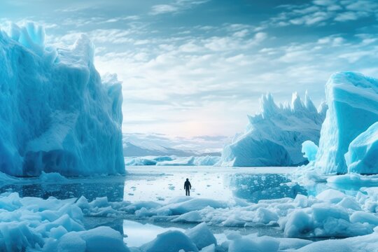 In the midst of melting glacial landscapes, a man grapples with the formidable predicament presented by the escalating challenge of global warming. Generative AI