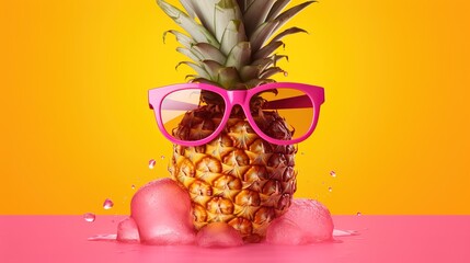 Pineapple character hipster in sunglasses, with pieces of melted ice on a yellow background. Stylish summer fruit. Generative AI